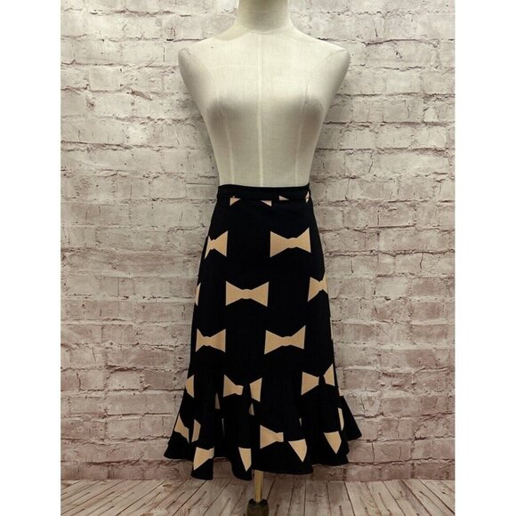 Anthropologie Eva Franco Midi Skirt Size 10 Bow Tie Print Trumpet Flare Hem - Picture 1 of 5